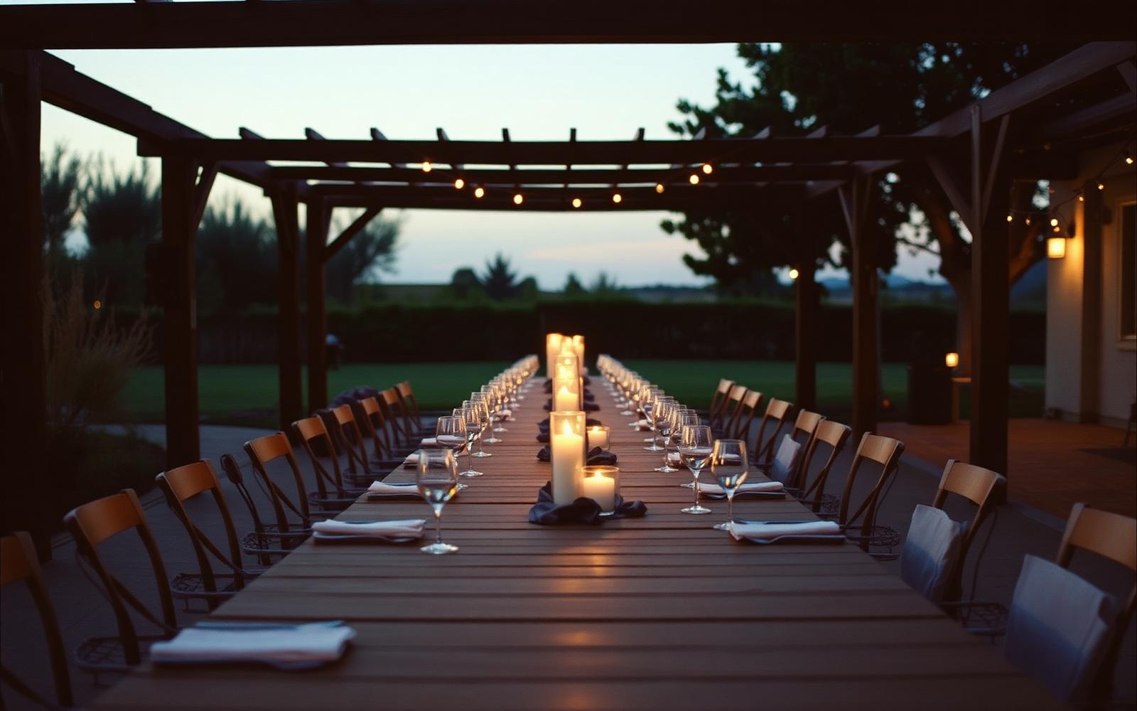 A long table set for dinner at dusk