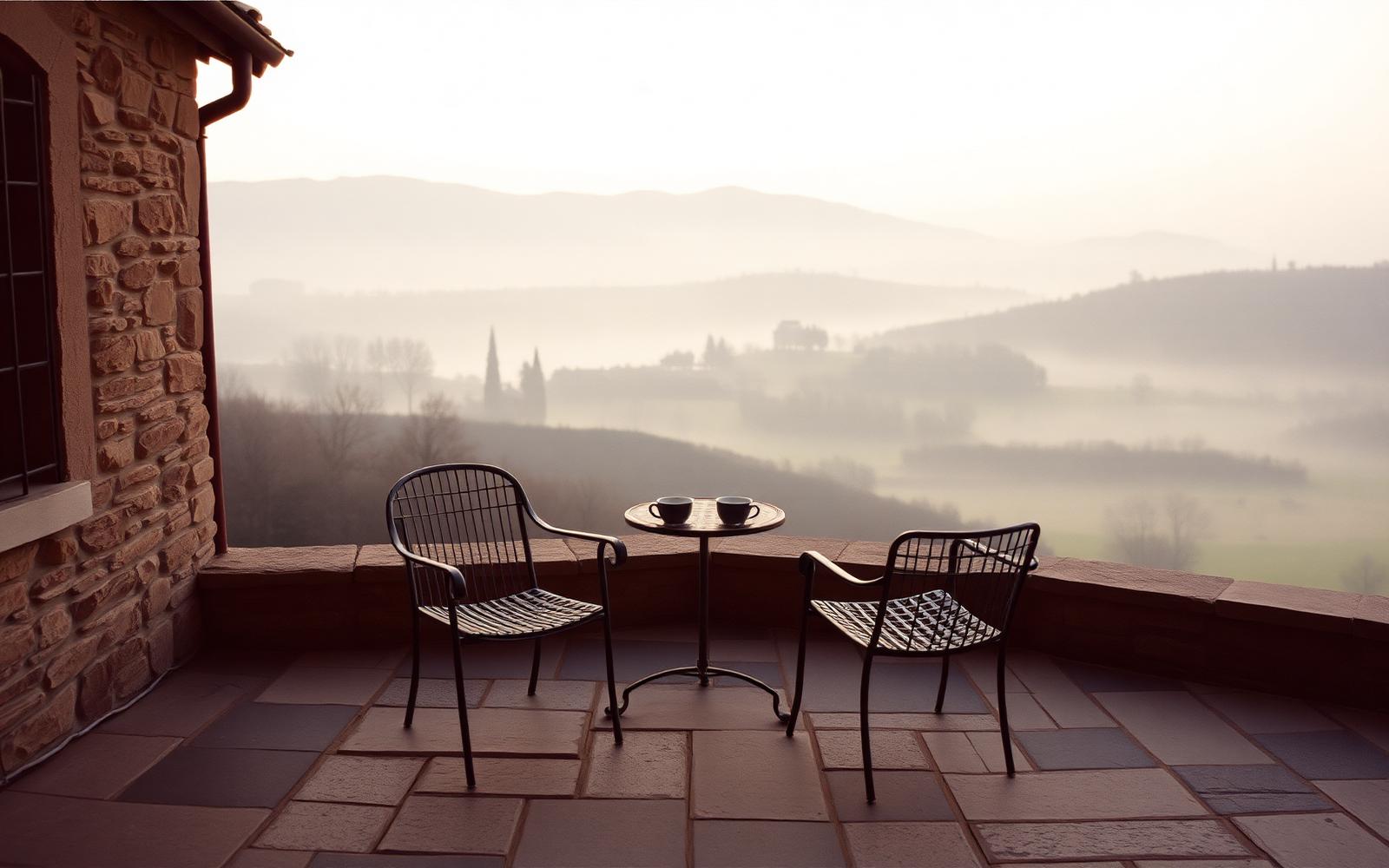 An empty terrace above the hills in the morning